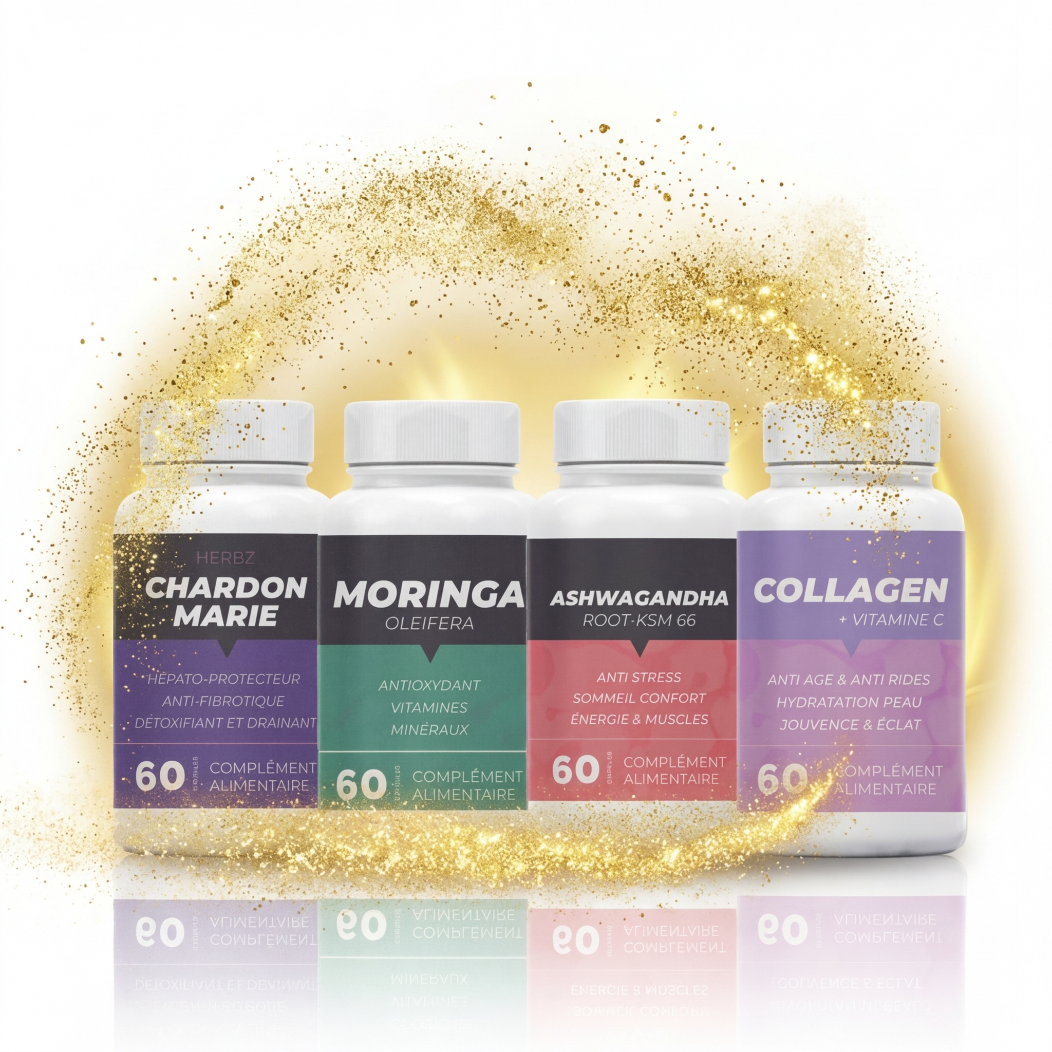 Pack Collagen 60 caps + Ashwagandha 60 caps + chardon Marie 60 caps + Moringa 60 caps