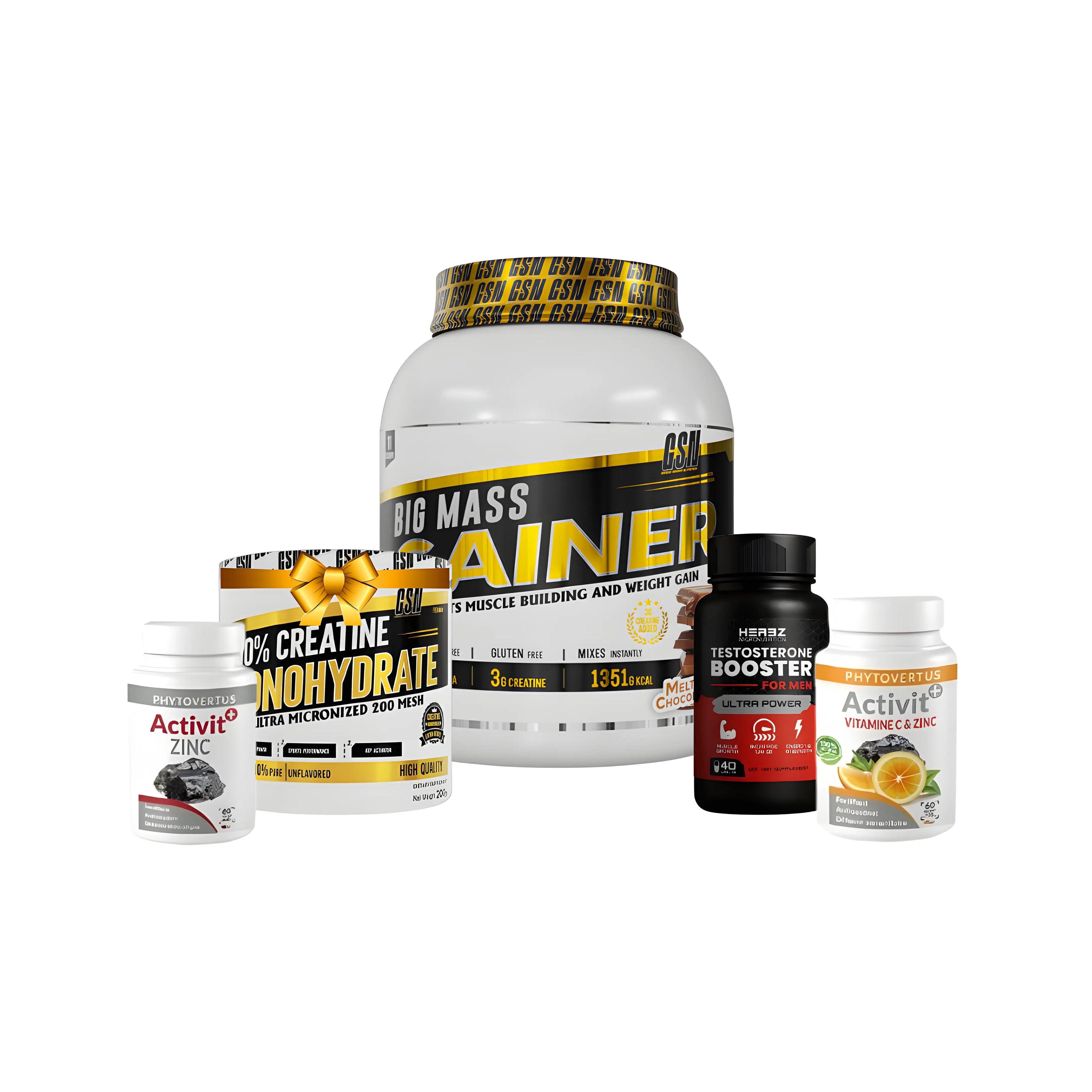 Big Mass Gainer 3 Kg Gsn Pack+vit c 30 cap  +zinc  30 cap +testo booster herbz 40 cap +creatine 200 g gsn