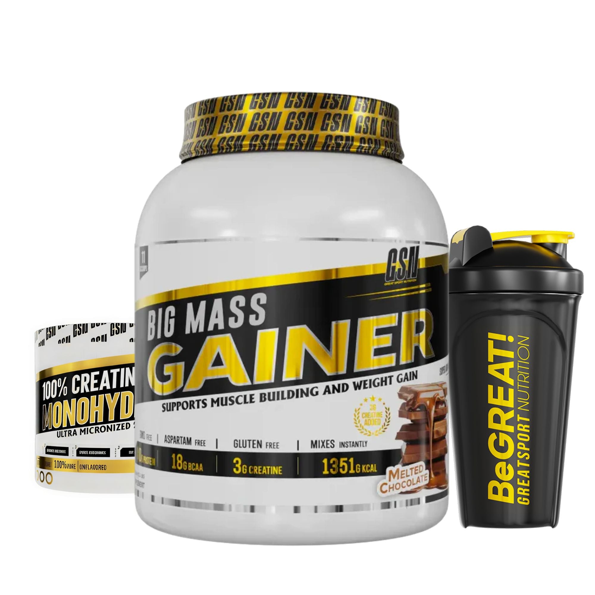 GSN Big Mass Gainer - Pack Prise de Masse (Gainer + Créatine Monohydrate + Shaker) - Chocolat Fondant
