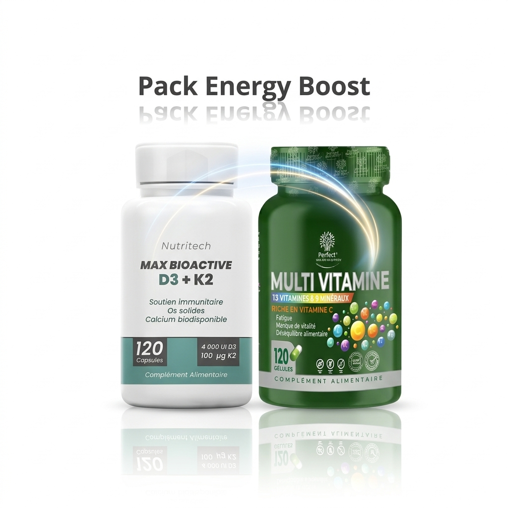 Pack Energy Boost : Multi Vitamine (120 Gélules) + D3 + K2 (120 Caps) – Cure 4 Mois – Prix Tunisie
