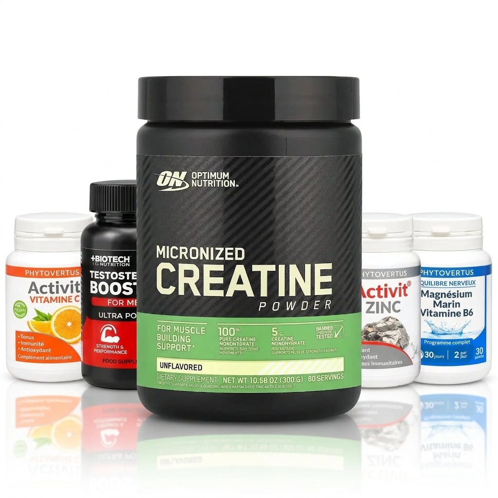 Pack créatine Optimum Nutrition Micronized 300 g avec Vitamine C, Zinc, Magnésium marin B6 et booster homme - Nivo Tunisie