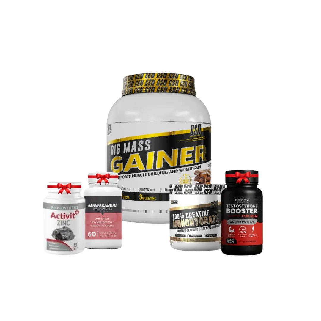 Pack Gsn Big Mass Gainer 1 Kg +ZINC  +CREATINE 200 G GSN +TESTO BOOSTER HERBZ 40 CAP+Ashwagandha Root KSM-66 – 60 capsules
