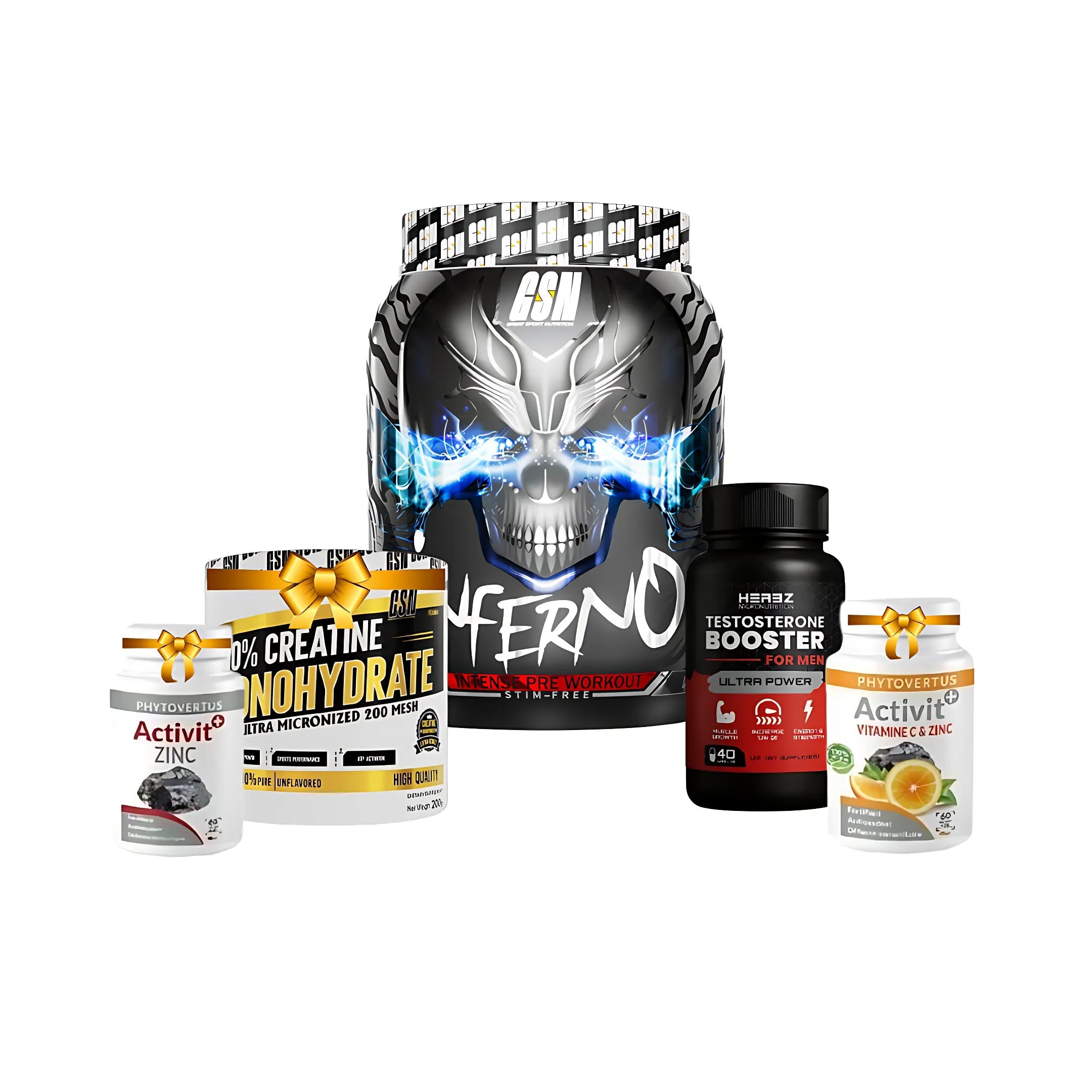 Pack Gsn Inferno Pre Workout +creatine 200g gsn+testo booster+vit c+zinc