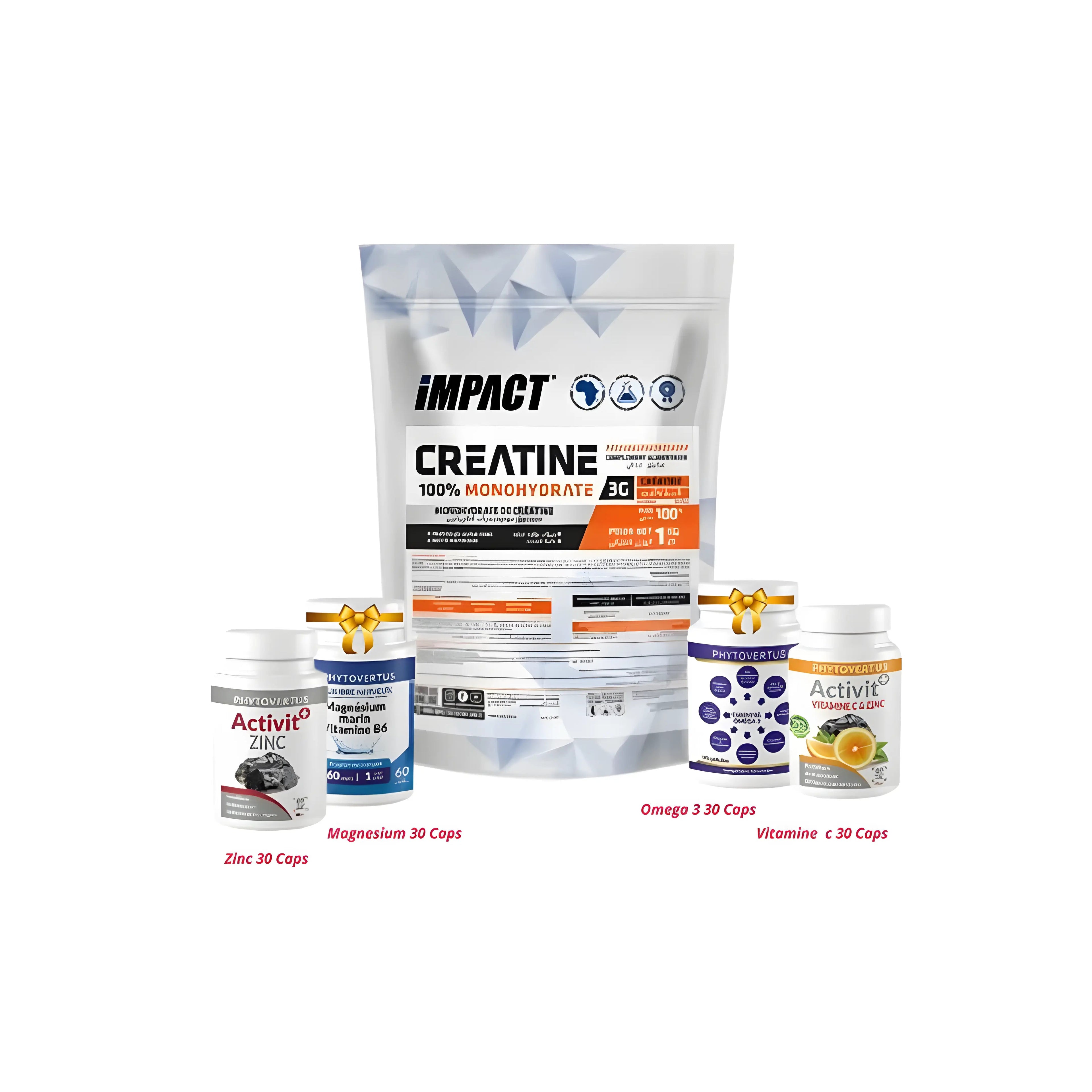 Impact Sport Nutrition | 100 % Monohydrate Creatine | 1 KG+zinc 30 cap +magnseuim 30 cap +vit c 30 cap +omega 3 30 cap