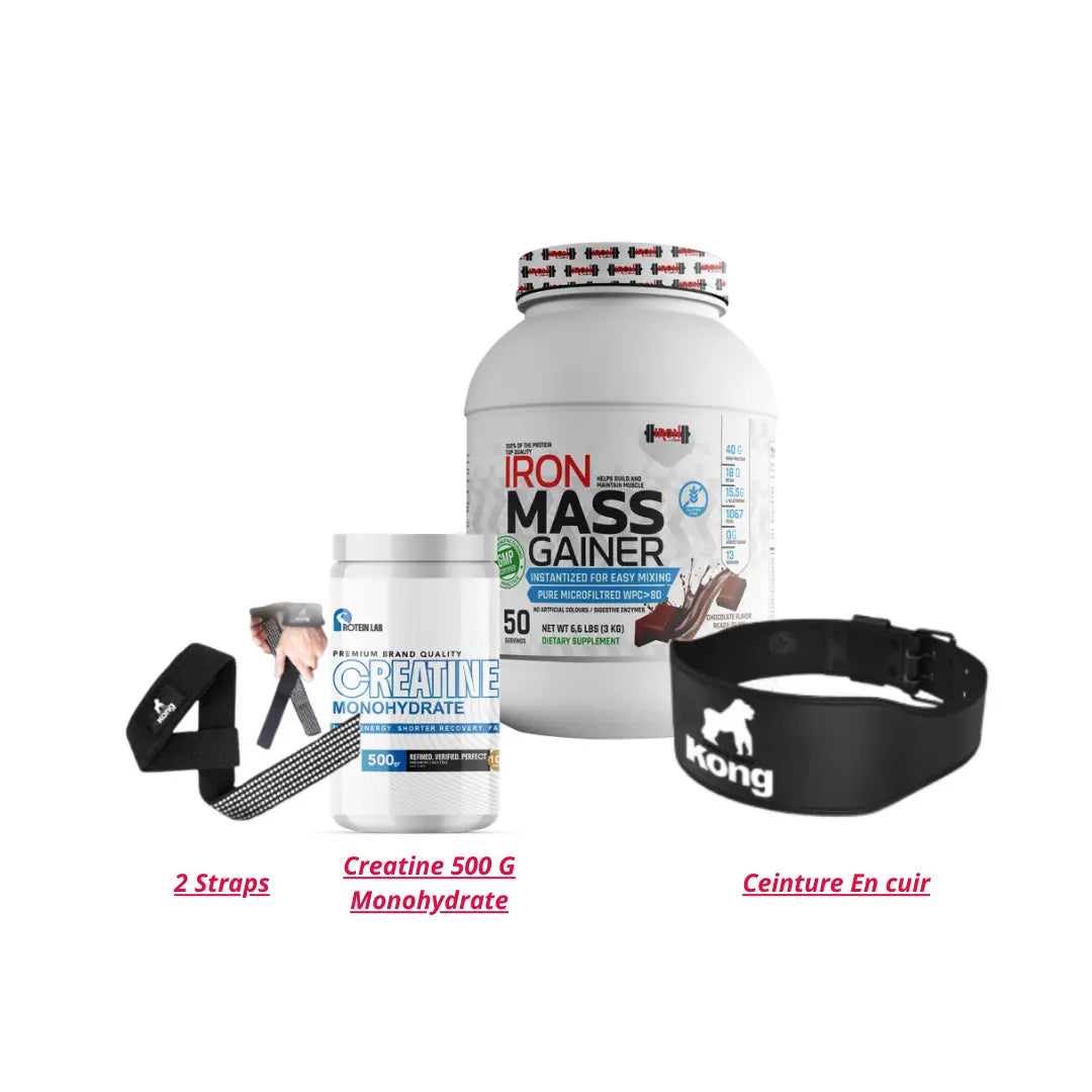 Iron Mass 3 Kg chocolat+ Monohydrate Creatine 500 G + Ceinture En Cuir + 2 Straps