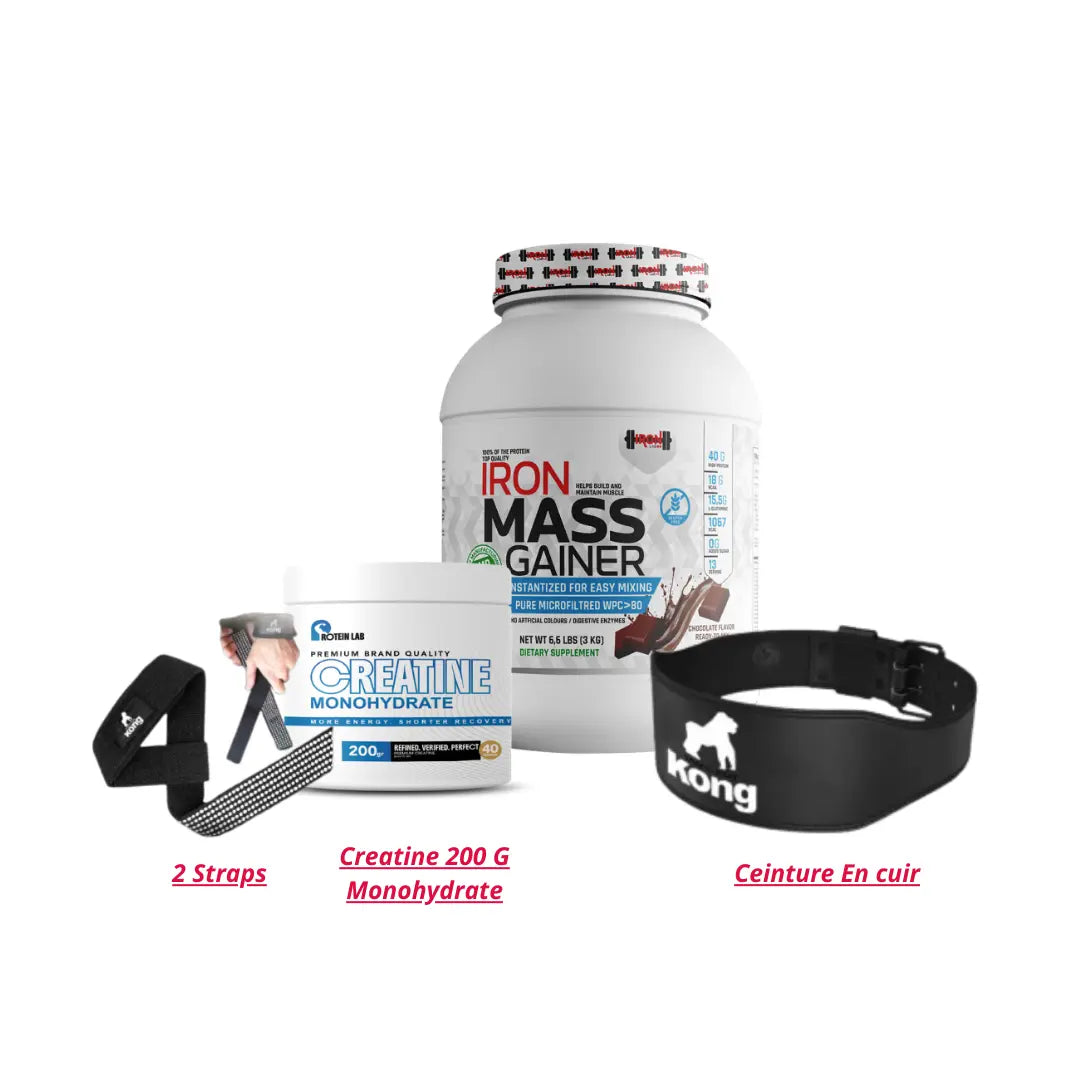 Iron Mass Gainer 3 Kg + Monohydrate Creatine 200 G + Ceinture En Cuir + Straps
