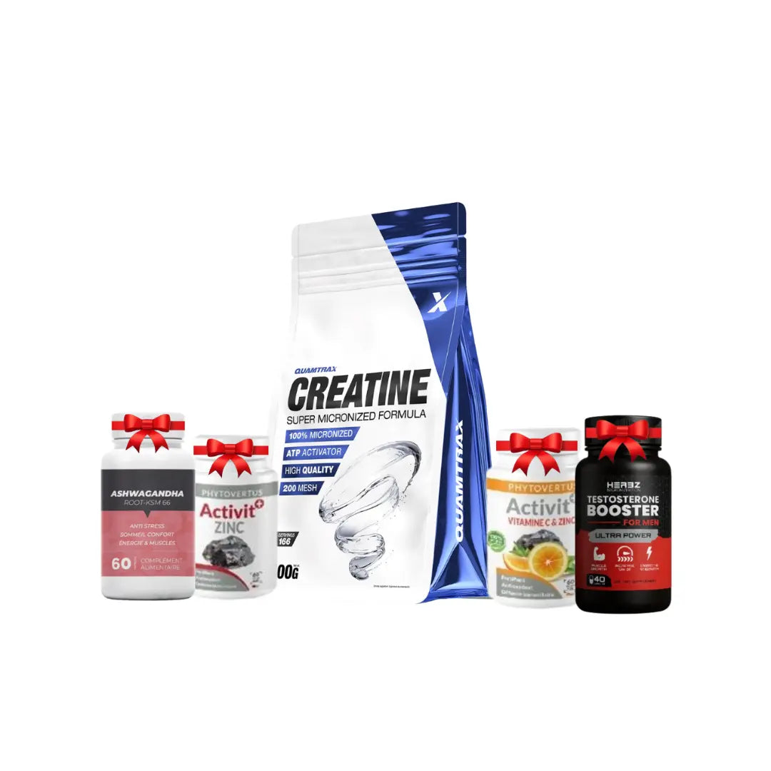 Pack Micronized Creatine 500 G Quamtrax +ashwangha herbz 60 cap + zinc 30 cap +vit c 30 cap +testo booster herbz 40 cap
