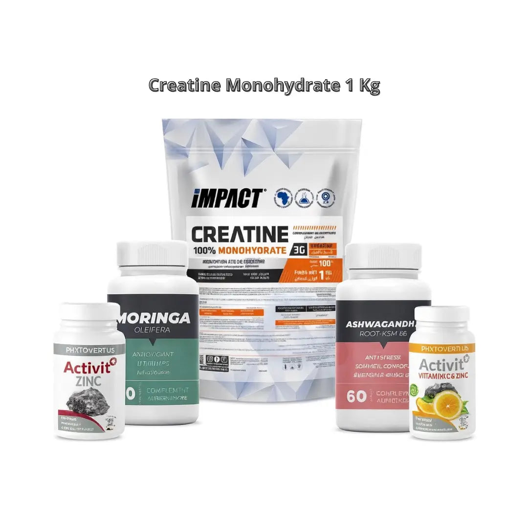 Monohydrate Creatine 1 Kg Impact Tunisie + ASHWGANDHA 60cps+COLLAGEN 60cps +ZINC +VIT C