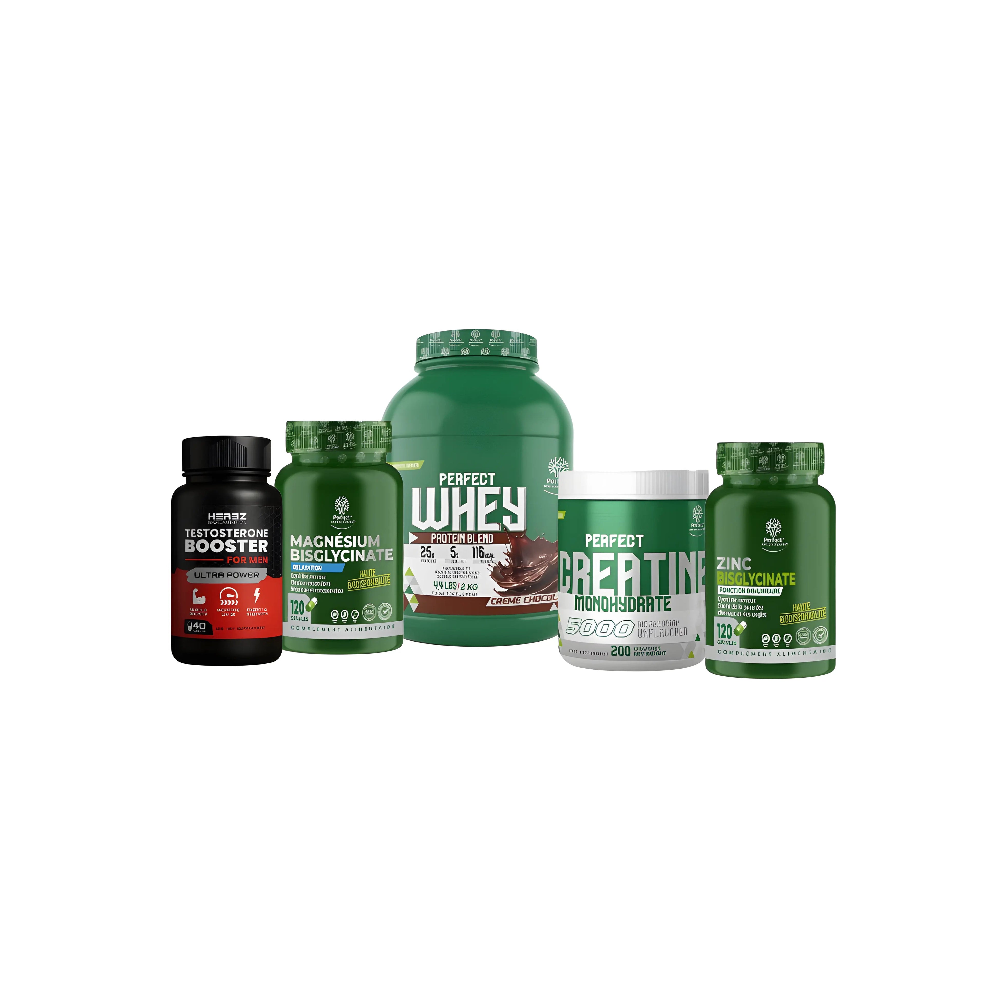 Testo booster 40 cap herbz +magnseuim 120 cap perfect +whey 2kg perfect +zinc perfect 120 cap+creatine 200 g perfect