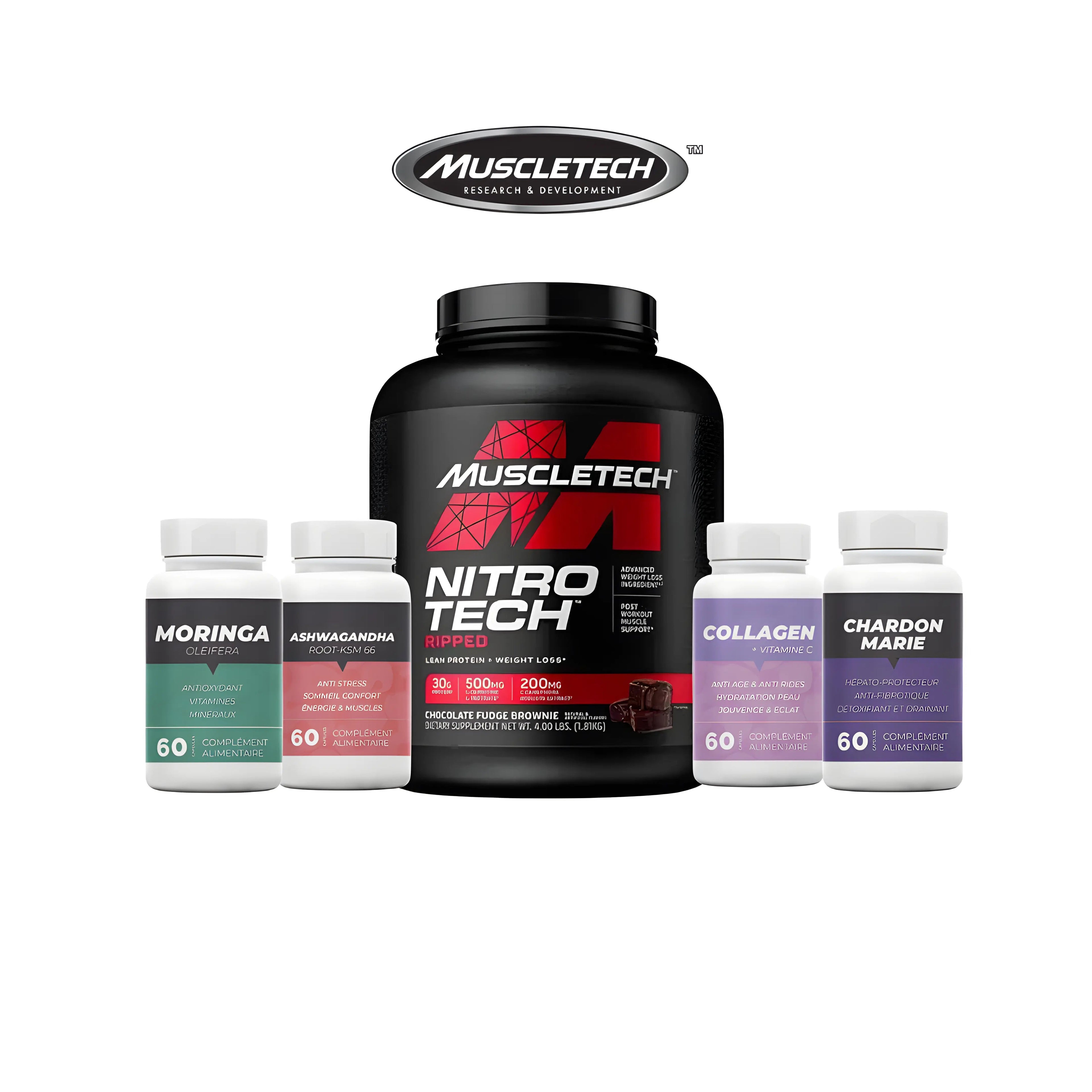Pack Nitrotech Ripped Muscletech+moringa +collgen +charbon +ashwangha