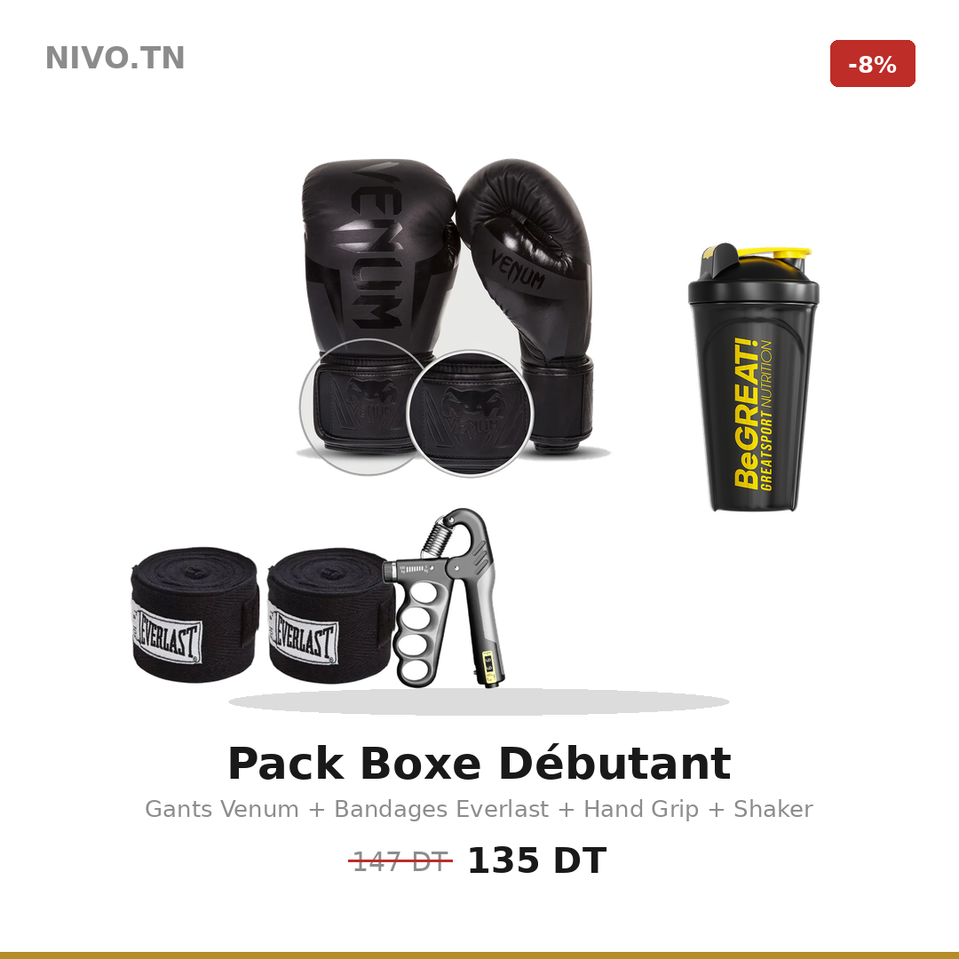 Pack Boxe Débutant - Gants Venum + Bandages Everlast + Hand Grip + Shaker