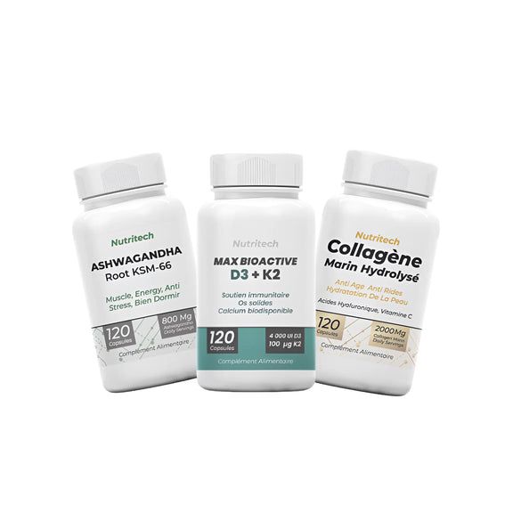 Pack Nutritech – Ashwagandha KSM‑66, D3+K2, Collagène Marin Hydrolysé (120 capsules chacun)