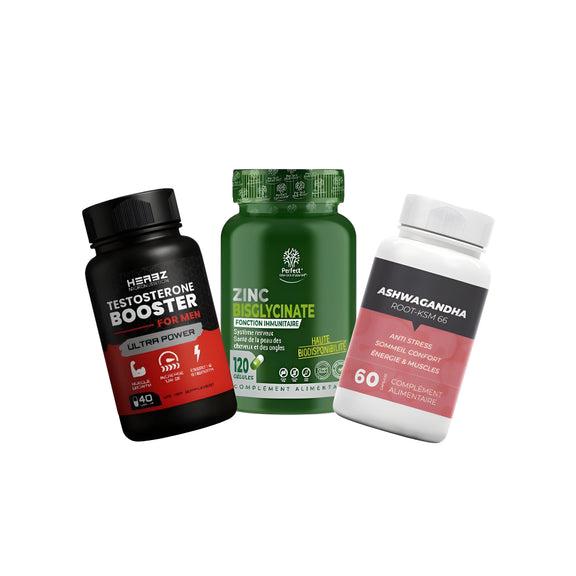 Pack Performance & Vitalité – Testosterone Booster + Zinc + Ashwagandha – 3 compléments