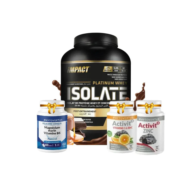 Pack Platinum Whey Isolate IMPACT (1.6kg) + Magnésium B6 + Zinc + Vitamine C – Pack Récupération Musculaire – Prix Tunisie