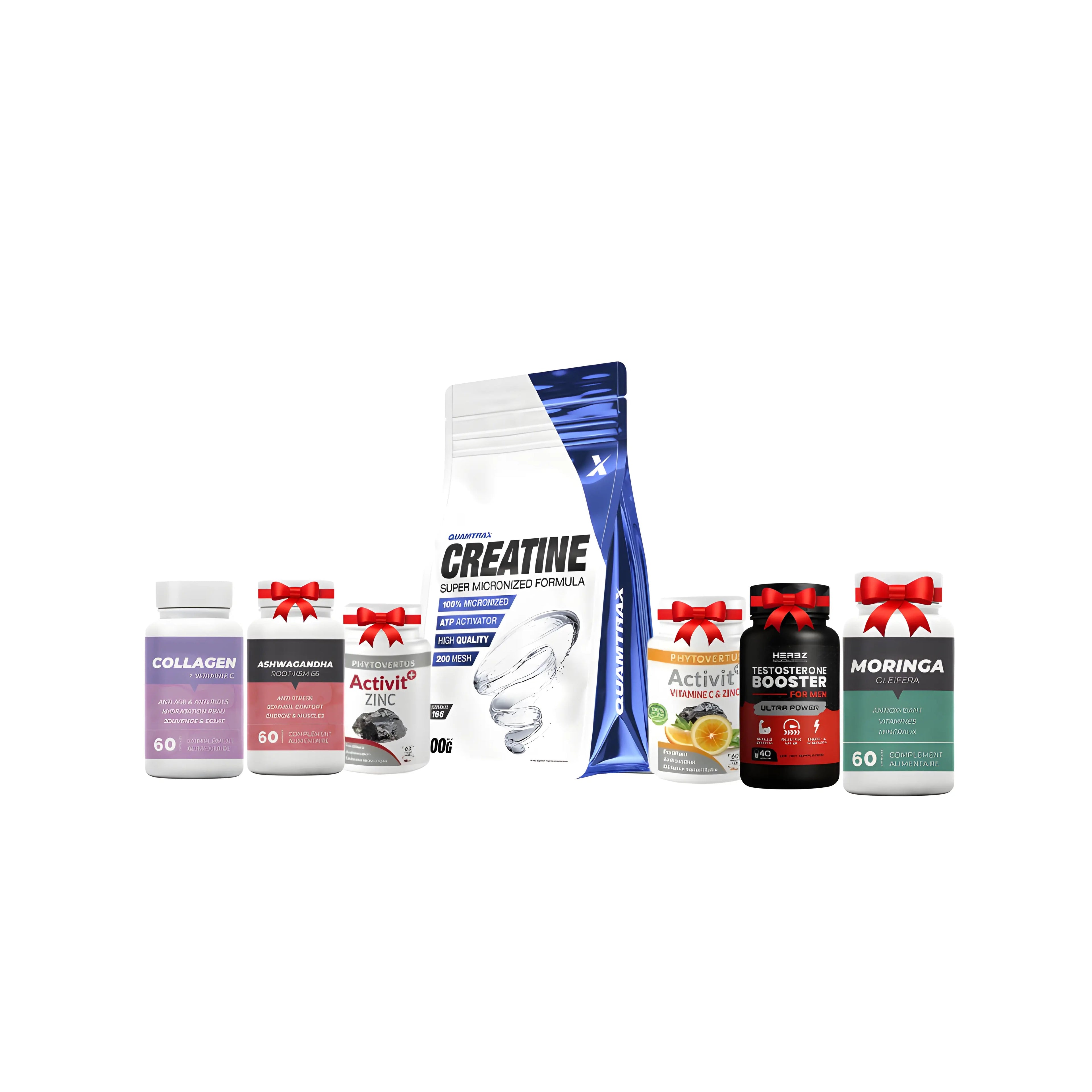 Créatine 500 G Quamtrax + vitamine c+zinc 30 +testo 40cap + collagene 60cap+ ashwagandha 60cap+ moringa 60cap