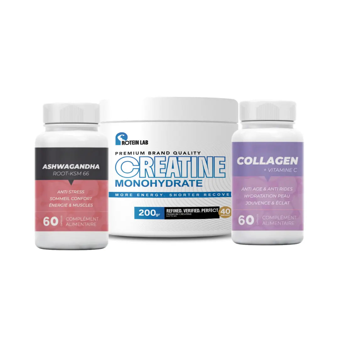 Créatine Monohydrate 200g Ashwagandha 60 caps et Collagène 60 caps