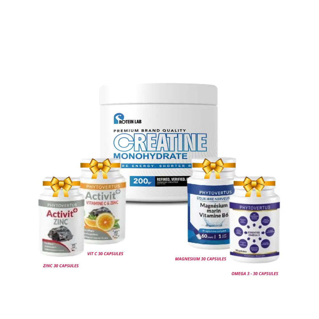 Créatine Monohydrate 200g Zinc Magnésium Vitamine C et Oméga-3