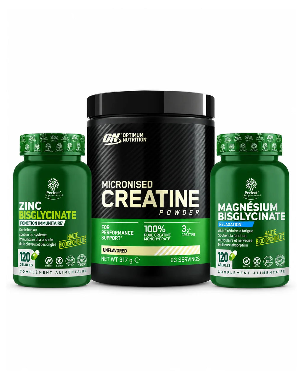 Pack créatine Optimum Nutrition 317 g + zinc et magnésium bisglycinate Perfect Nutrition 120 gélules – prix Tunisie