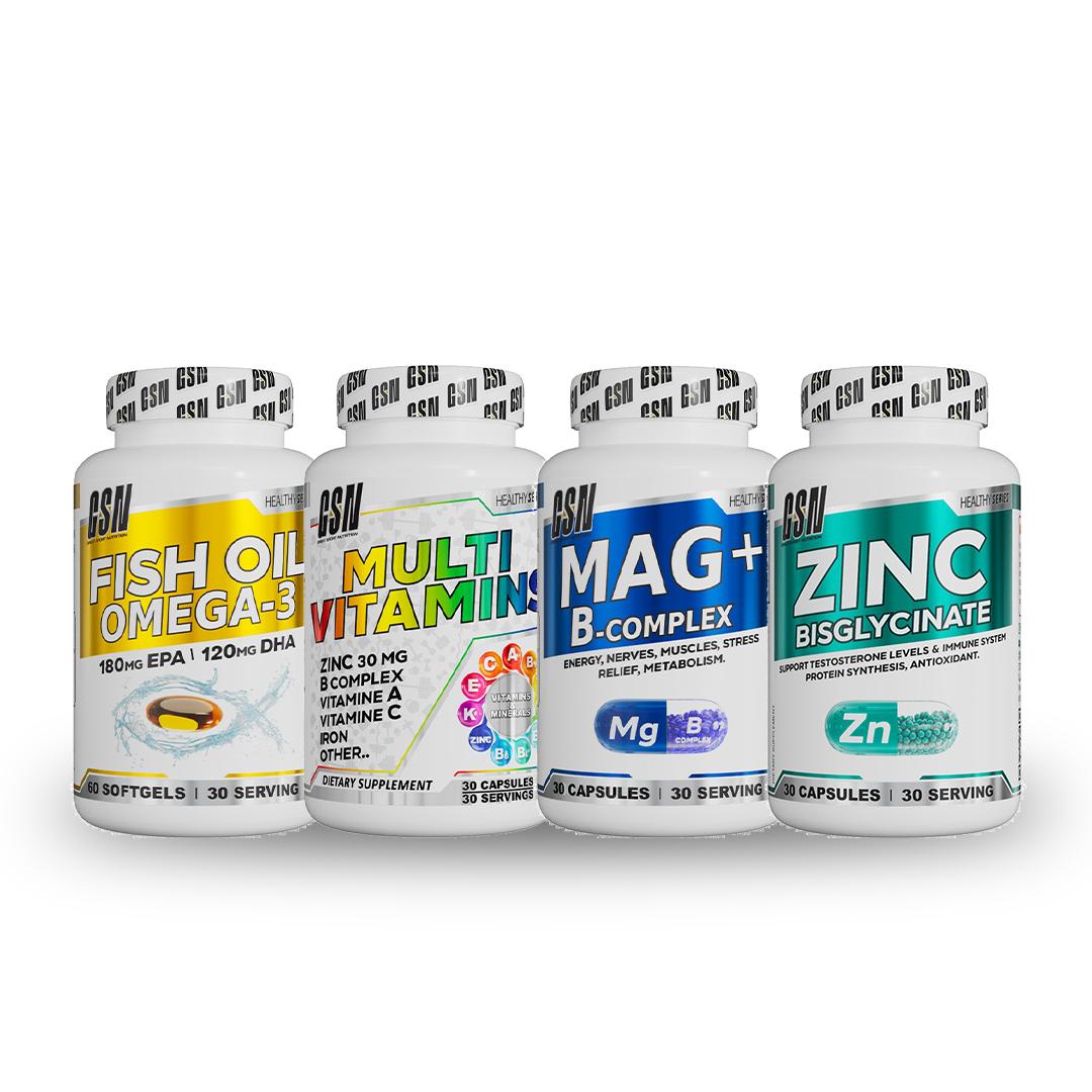 Pack : GSN Health Series Fish Oil Omega-3 – 30 softgels  GSN Health Series Multivitamines – 30 capsules  GSN Health Series MAG+ B-Complex – 30 capsules  GSN Health Series Zinc Bisglycinate – 30 capsules