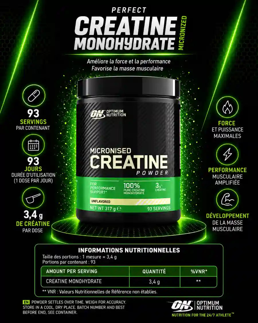 Créatine monohydrate Optimum Nutrition 317 g – 93 doses de 3,4 g, valeurs nutritionnelles
