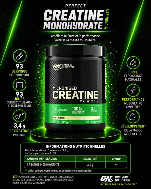 Créatine monohydrate Optimum Nutrition 317 g – 93 doses de 3,4 g, valeurs nutritionnelles