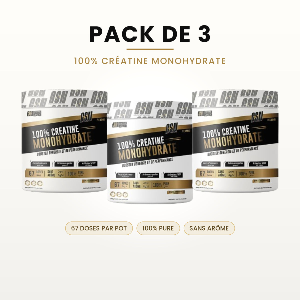 Pack de 3 Créatine Monohydrate GSN | 100% Pure Sans Arôme - 67 Doses