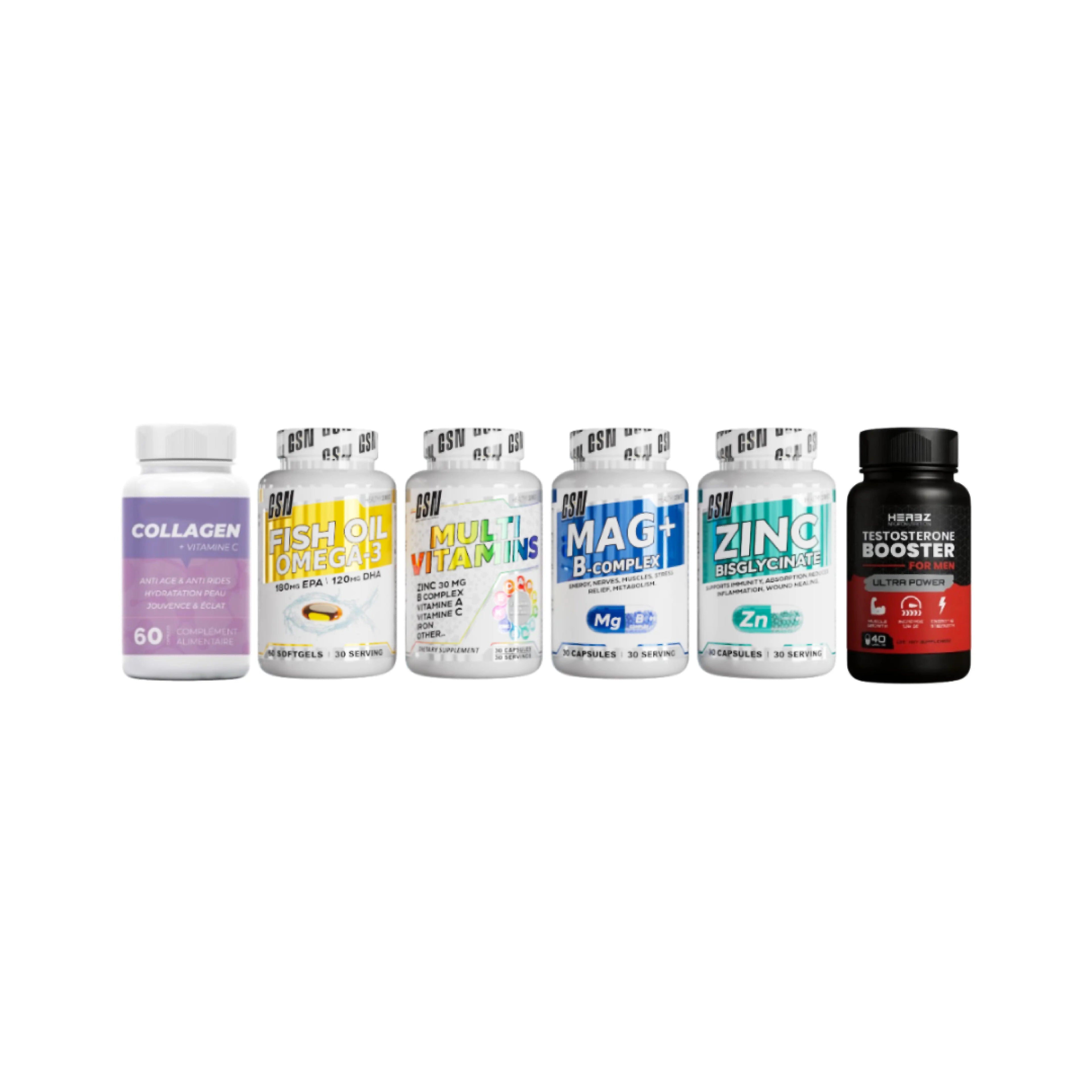 collgen herbz 60 cap +fish oil omega gsn +multivitamin gsn  +magnesuim  gsn +zinc gsn +testo booster 40 cap herbz