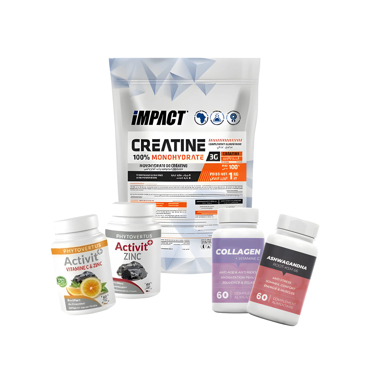 Pack créatine 1kg ashwagandha collagène vitamine C zinc