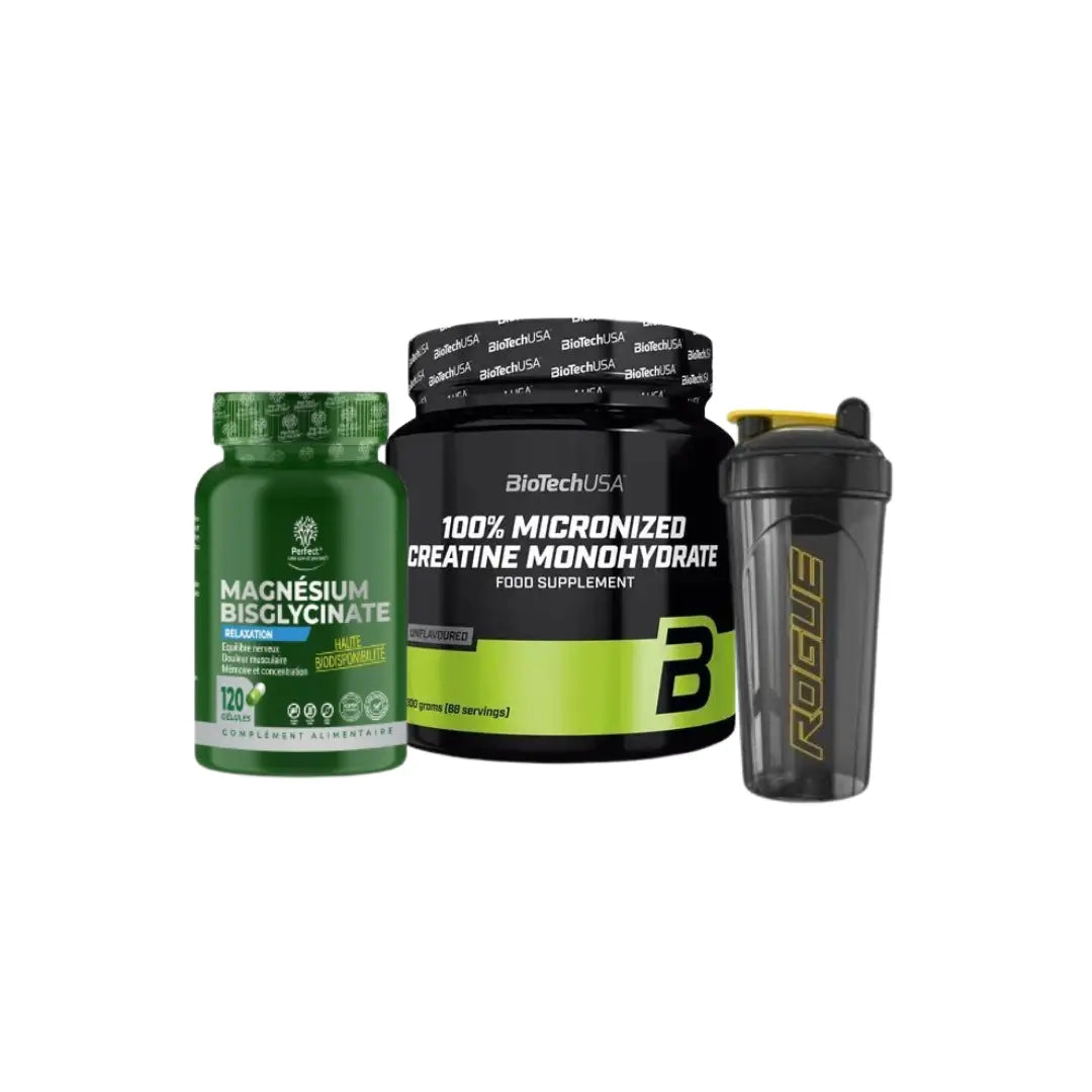 Pack créatine micronisée 300g magnésium bisglycinate 120 capsules shaker