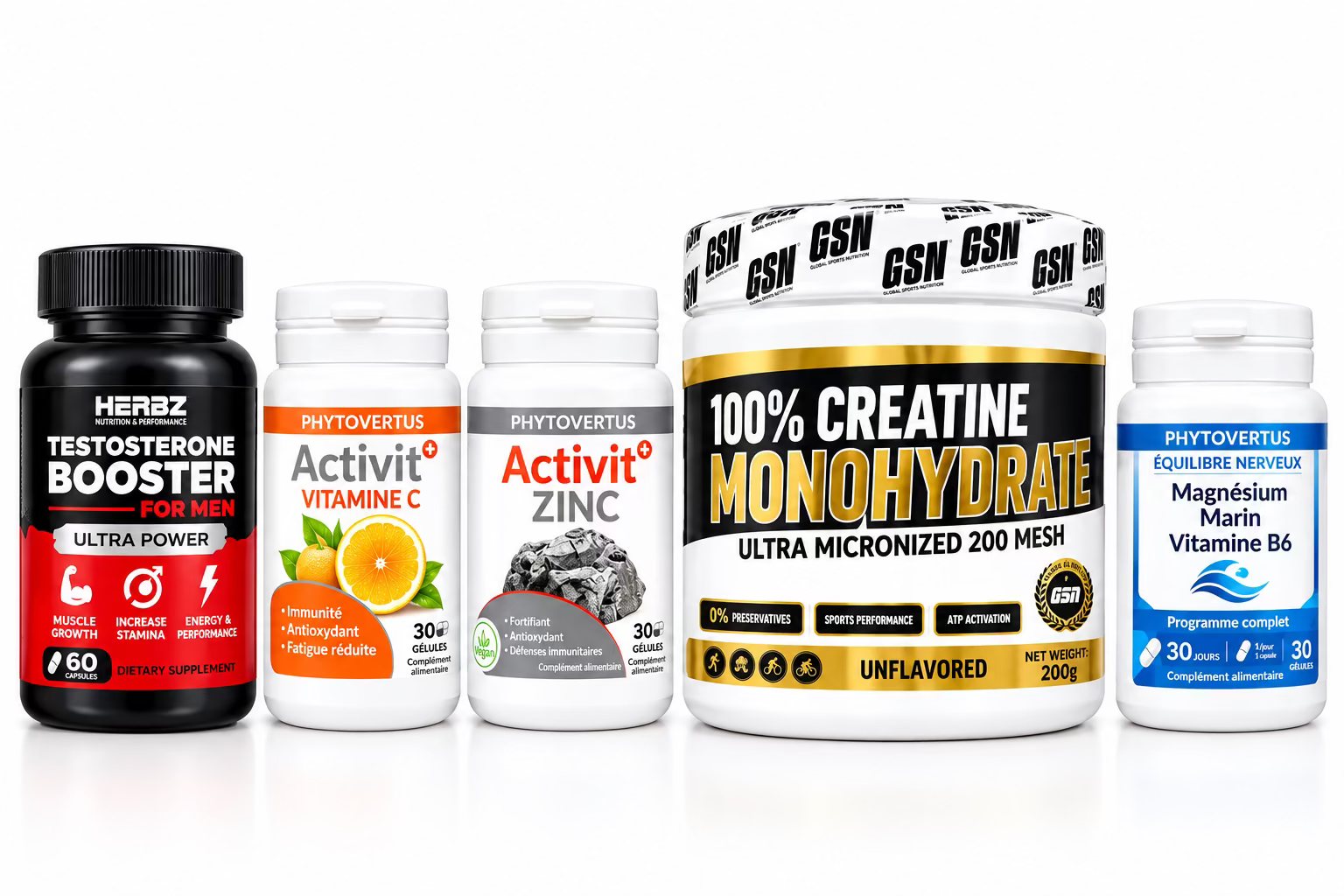 Pack créatine monohydrate GSN 200 g avec Vitamine C, Zinc, Magnésium B6 et booster homme - Nivo Tunisie