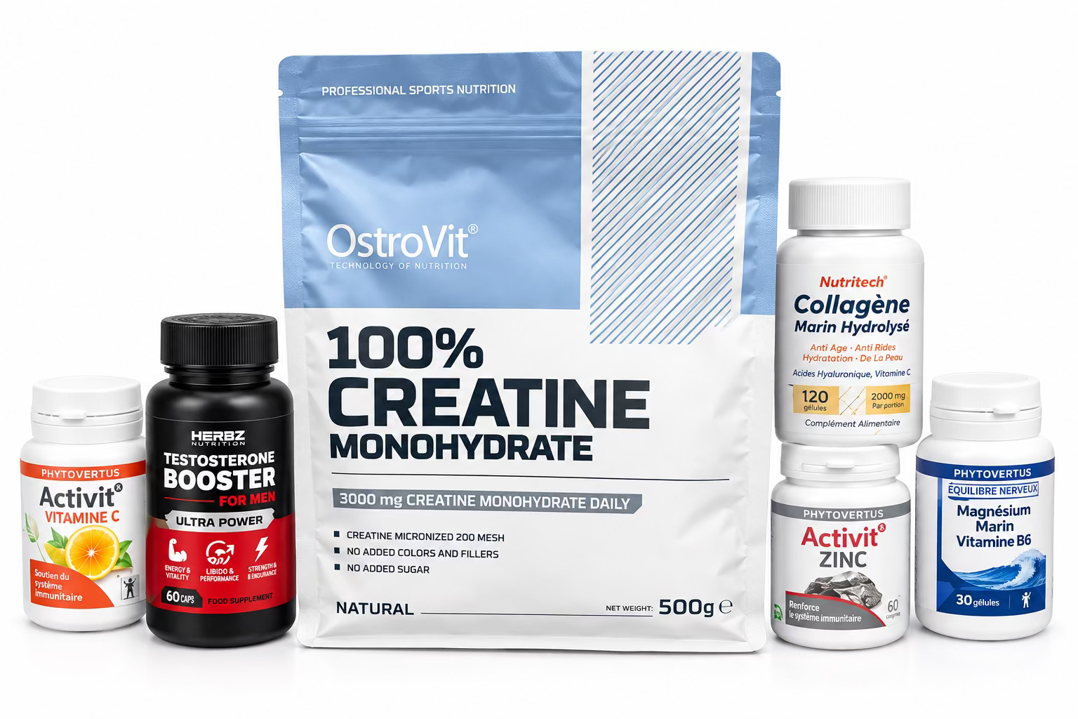 Pack créatine 100% monohydrate OstroVit 500 g avec collagène marin hydrolysé, Vitamine C, Zinc, Magnésium B6 et booster - Nivo Tunisie