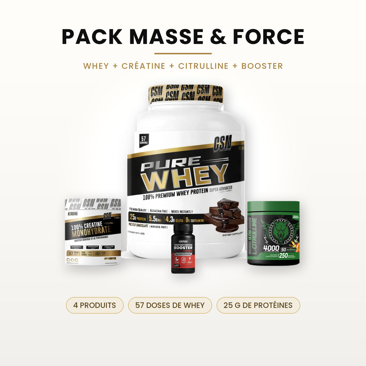 PACK MASSE & FORCE - Whey 1kg + Creatine + Citrulline + TESTO Booster