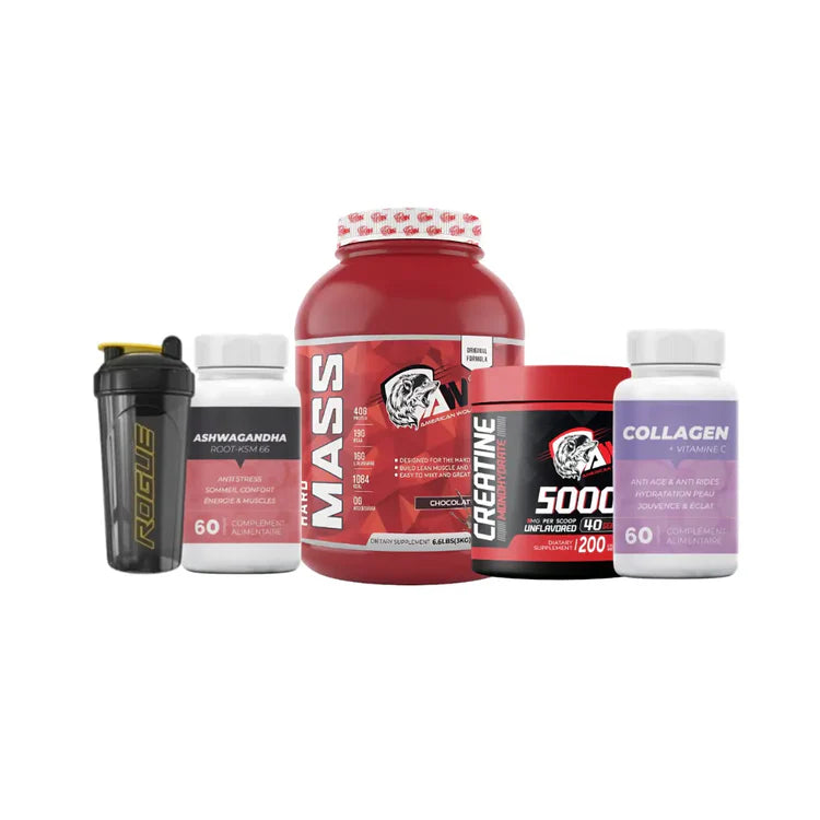Pack Musculation Complet Hard Mass 3kg Créatine 200g Collagène Ashwagandha et Shaker