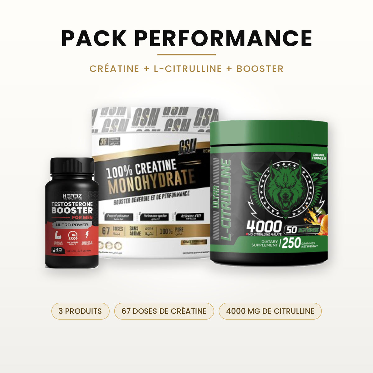 PACK PERFORMANCE – Créatine + L-Citrulline + Booster Testostérone