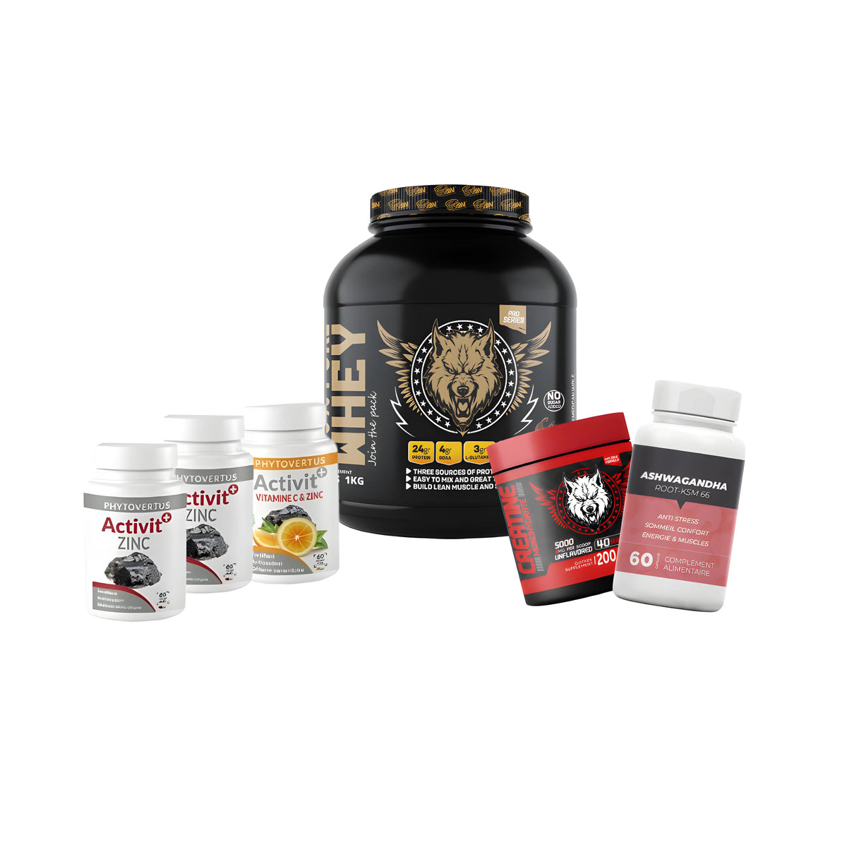 Pack Pure Whey 1kg avec Zinc, Vitamine C, Créatine 200g et Ashwagandha