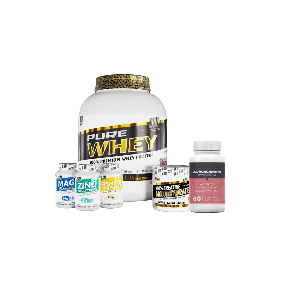 Pack Pure Whey 2kg créatine omega zinc magnésium ashwagandha
