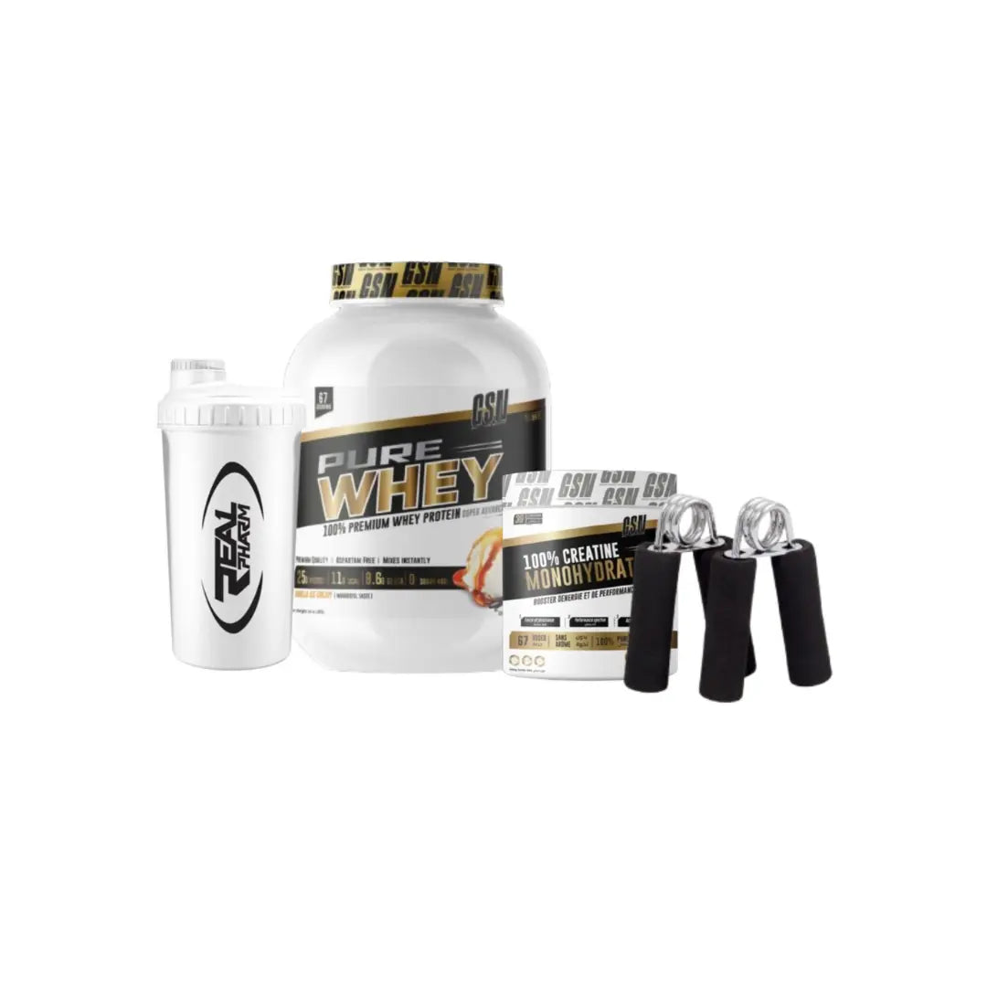 Pack Pure Whey 2kg créatine shaker hand grip
