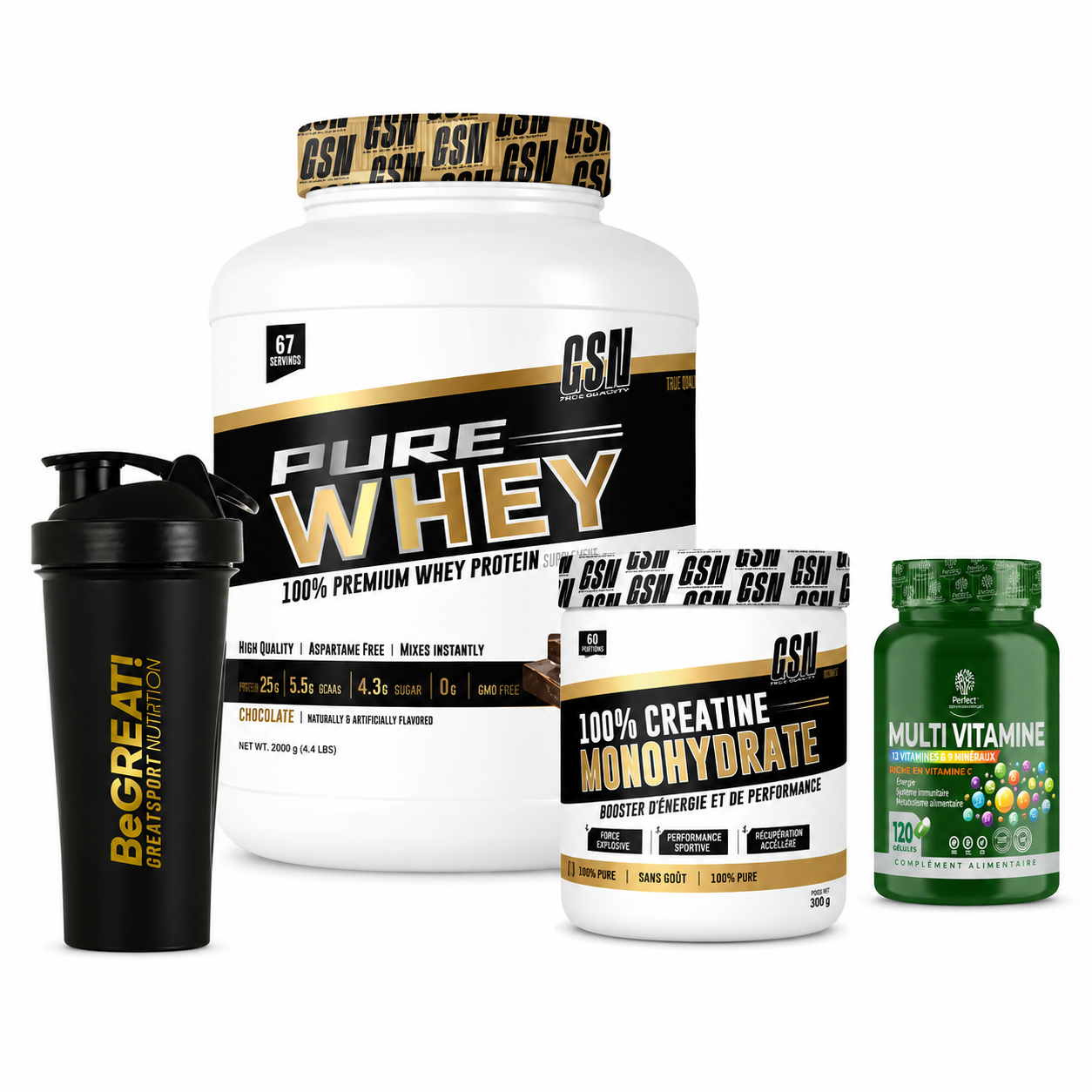 Pack Rentrée Salle de Sport — Whey + Shaker + Créatine + Multivitamines